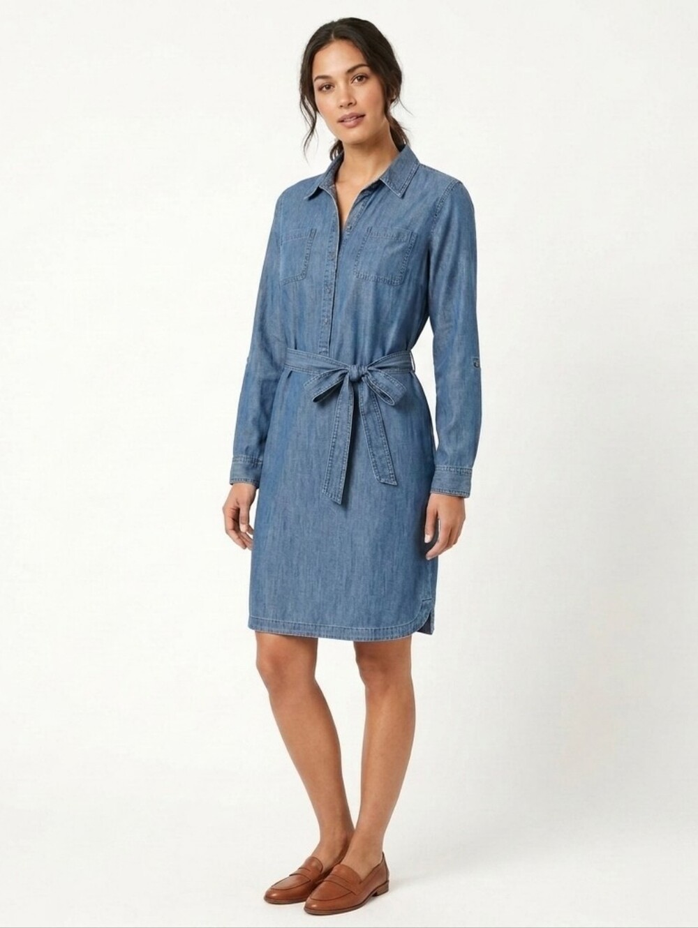 Talbots Denim Shirt Dress Women 16 Blue Long Sleeve Cotton Button Front Preppy